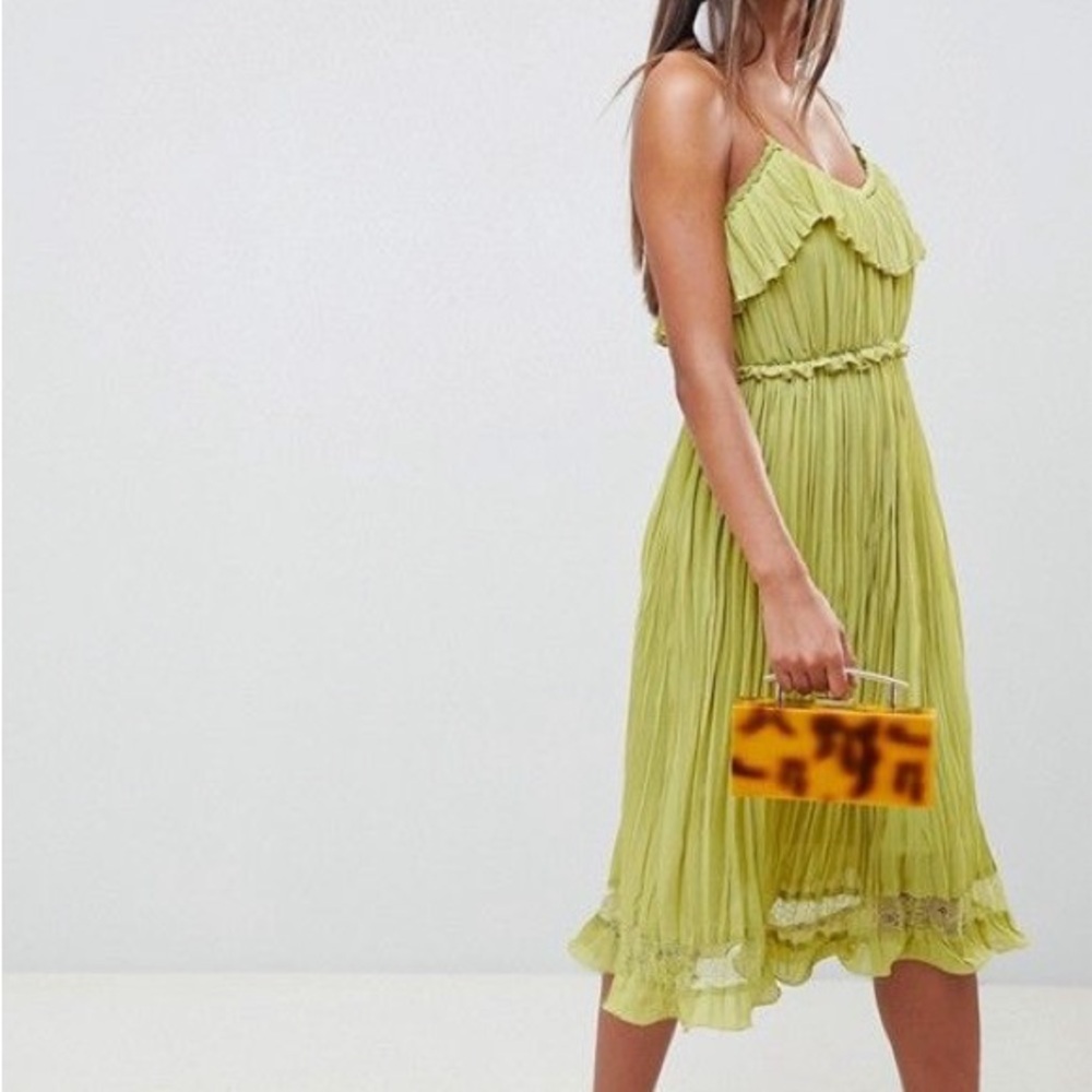 ASOS green pleated dress with ruffle and lace details
